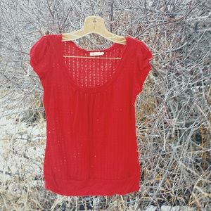 Red Lace-Knit Cap-Sleeved Top